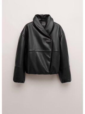 MANGO SELECTION LEATHER BOMBER JACKET WITH WRAPAROUND COLLAR